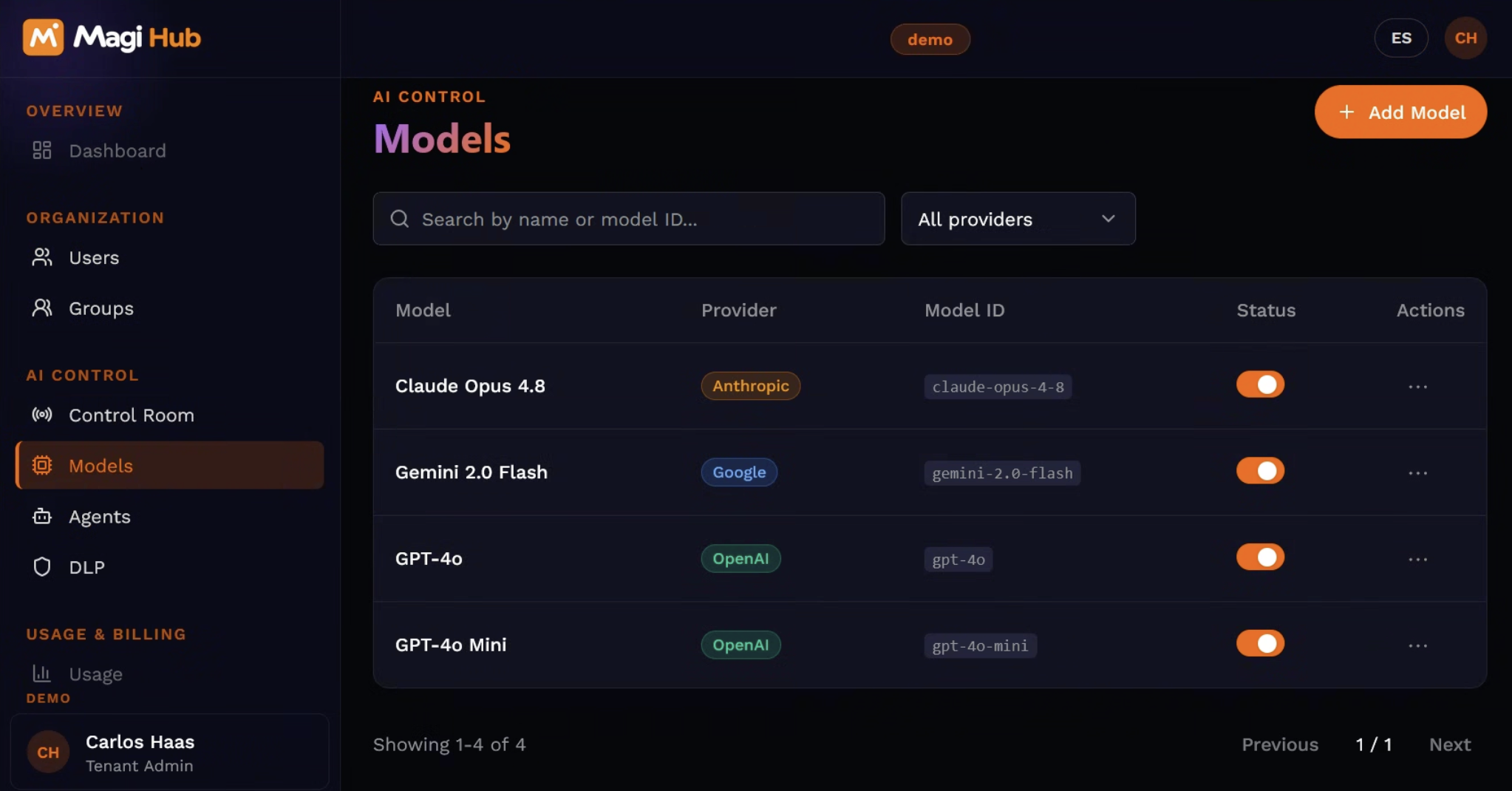 MagiHub admin · model-agnostic gateway with every LLM provider